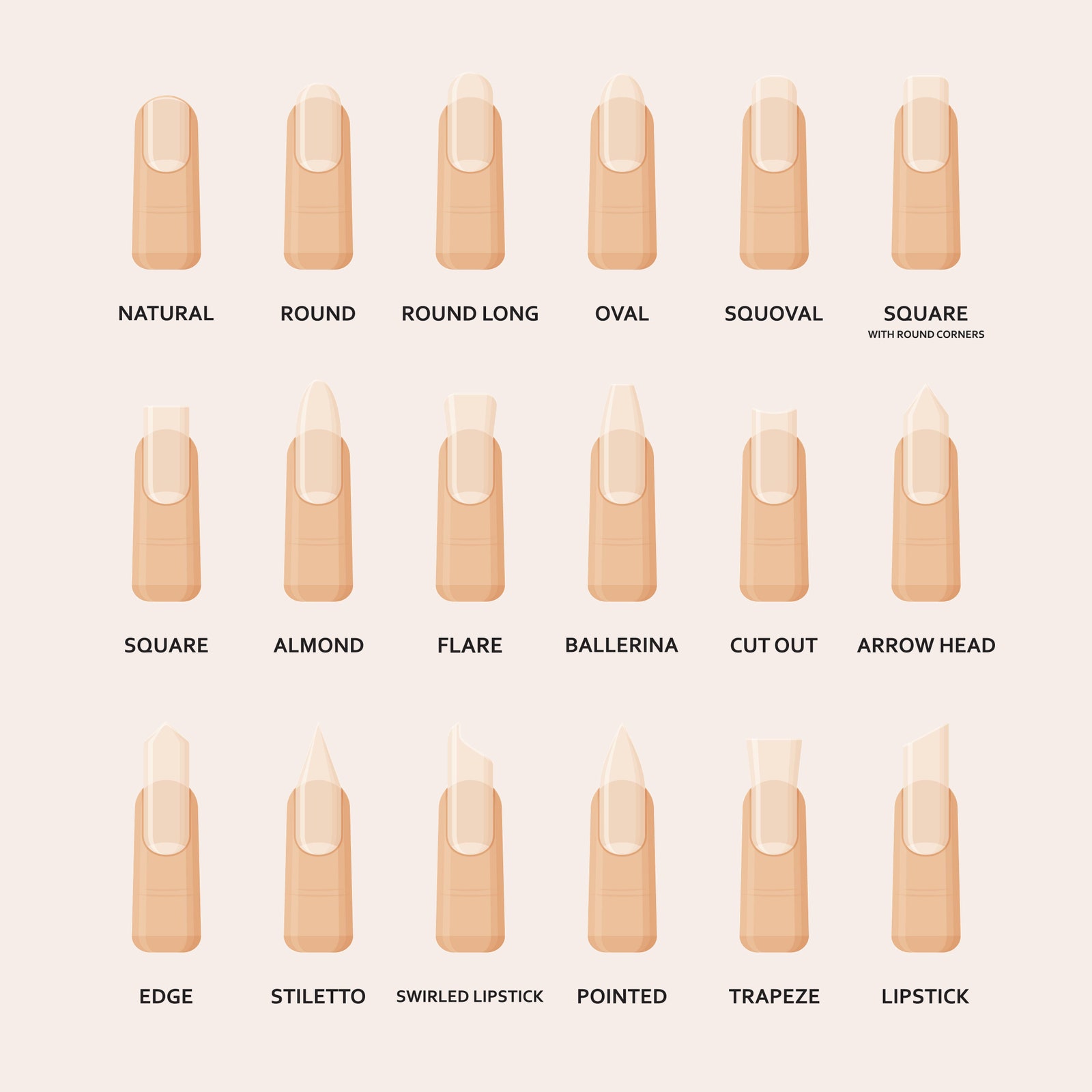 Different shapes of nails set. Collection of fashion female nail forms. Professional manicure. Vector illustration.